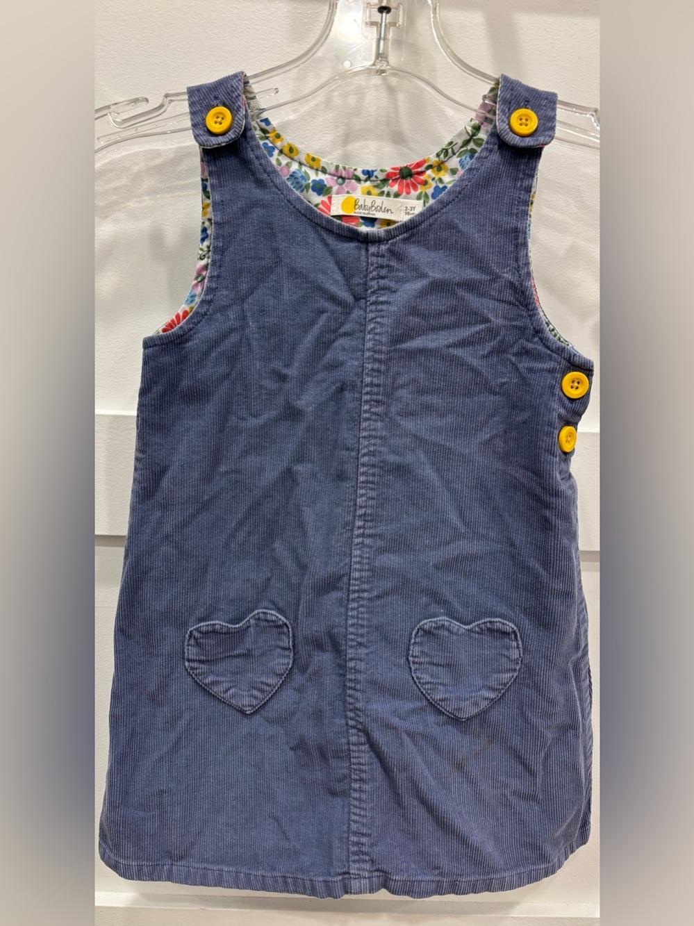 Mini Boden Navy Corduroy Jumper Dress with Yellow Buttons